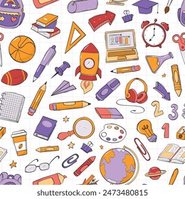 School, education seamless pattern with doodles, cartoon elements for prints, wallpaper, backgrounds, scrapbooking, stationary, etc. EPS 10