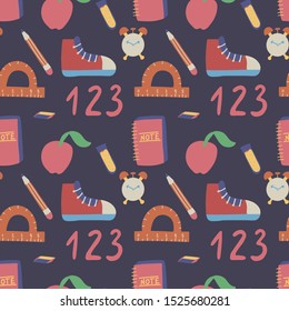 School, education seamless pattern on dark blue background. Shoes, apple, alarm clock, chemistry etc graphic elements. Modern wallpaper education backgdrop design. Vector hand drawn illustration.