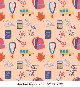 School, education seamless pattern on dark beige background. Backpack, school bus, maths etc graphic elements. Modern wallpaper education backgdrop design. Vector hand drawn illustration.