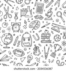 School and education seamless pattern on a white background. Stationery vector supplies in doodle sketch style for children.