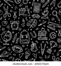 School and education seamless pattern on a black background. Stationery vector supplies in doodle sketch style for children.