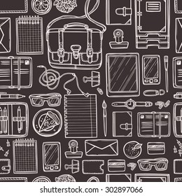 School And Education Seamless Pattern In Sketch Doodle Style On Blackboard