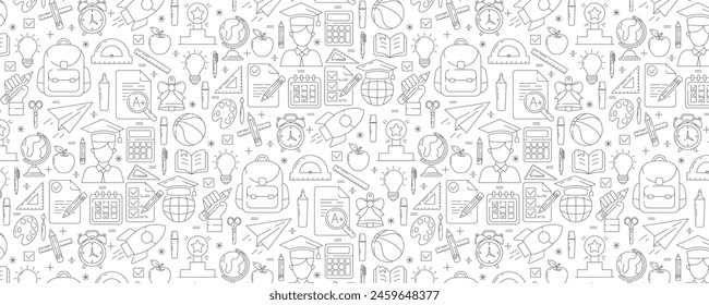 School and education seamless pattern, vector black line icons. Back to school banner with symbols of knowledge, learning, study, stationery. For cover, wrapping paper, textile print, web design	