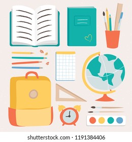 School and education set with hand drawn elements isolated on white background. Vector flat illustration of supplies. Back to school. Infographic elements for web, banner, flyer or presentation.