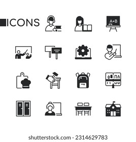 School and education - set of line design style icons isolated on white background. High quality images of student, books, chalkboard and teacher, briefcase and pencil case, locker and desk