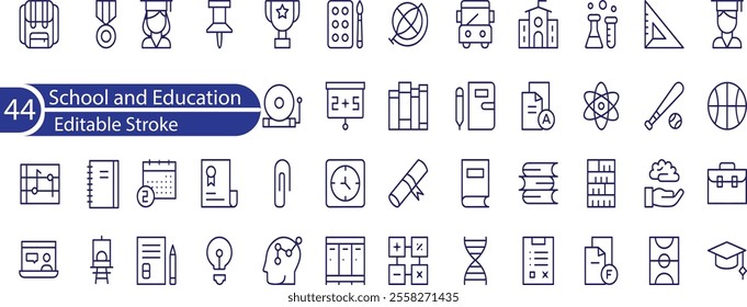 School and Education set of web icons in line style. Learning icons for web and mobile app. E-learning, video tutorial, knowledge, study, school, university, webinar, online education.