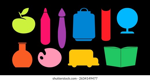 School and education simple icons. Back to school theme. Isolated colored silhouette vector objects.