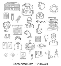 School and education sketches with building, books, pencil, notebook, globe, laptop,  teacher, apple, light bulb, backpacks, formula, scissors, compasses, lamp, tubes, DNA, atom, magnet, planet