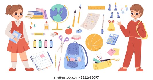 School education stationery. Books stack, paint brush and calculator. Study tools objects and funny pupil. Little students and backpack, snugly vector set
