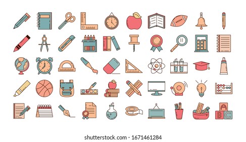 school education stationery supply icons set. vector illustration line and fill style icon.