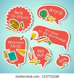 School education stickers collection with paper supplies on light blue background isolated vector illustration