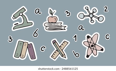 school. education. study. to study. subjects for school. lessons. to study. icons. Doodle. vector. sticker. books. copybook. a pen. pencil. ruler. figures. mathematics. stylus. estimation. letter.