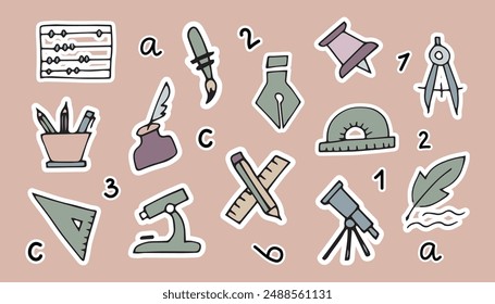 school. education. study. to study. subjects for school. lessons. to study. icons. Doodle. vector. sticker. books. copybook. a pen. pencil. ruler. figures. mathematics. stylus. estimation. letter.
