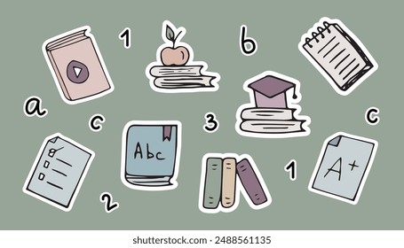 school. education. study. to study. subjects for school. lessons. to study. icons. Doodle. vector. sticker. books. copybook. a pen. pencil. ruler. figures. mathematics. stylus. estimation. letter.