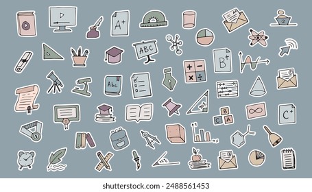 school. education. study. to study. subjects for school. lessons. to study. icons. Doodle. vector. sticker. books. copybook. a pen. pencil. ruler. figures. mathematics. stylus. estimation. letter.