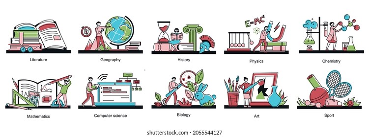 School education subject color set of isolated compositions with human characters learning resources and editable text vector illustration