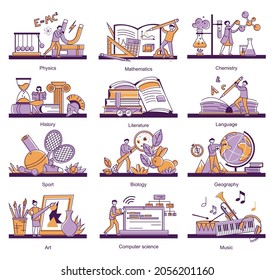 School education subject set of isolated compositions with editable text captions and images of learning materials vector illustration