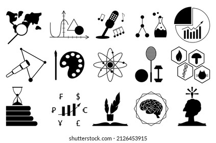 Conjunto de clases de silueta de asignatura de educación escolar. Objeto de instituto de ciencias creativas de asignatura universitaria exacta. Logo símbolo de clase en línea educación preescolar desarrollo humano clase formal aislado blanco