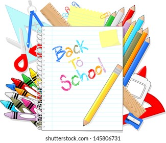 school education supplies items and note book with back to school text  isolated on white background, in vector format very easy to edit, individual objects, only solid colors, no gradients