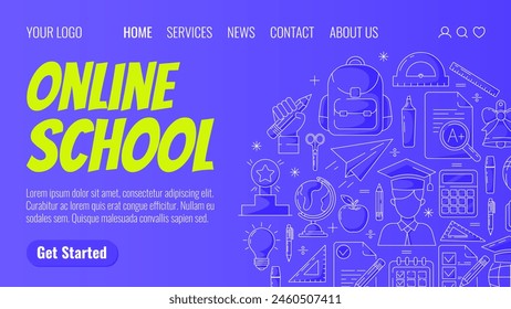 School and education supplies, round design composition, line icons. Back to school concept, online learning. Vector template for web, banner, poster, landing page, website