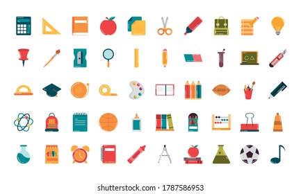 school education supply class stationery flat style icons set vector illustration