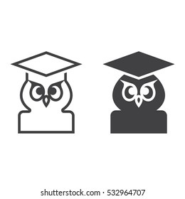 School and education symbol. Owl in graduation hat line icon, outline and filled vector sign, linear and full pictogram isolated on white. Symbol,  logo illustration