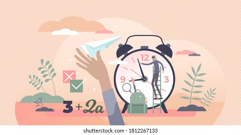 School education system with pupil knowledge development tiny person concept. Cognitive process with learning from teachers or homework vector illustration. Time to study scene abstract visualization.