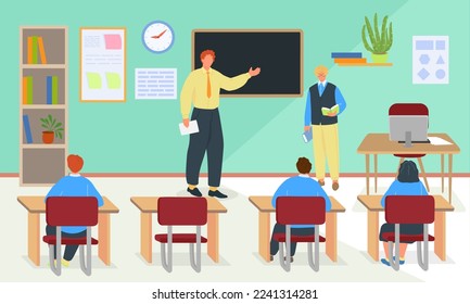 School education with teacher, english lesson at class vector illustration. Boy girl pupil charcater learn and get knowledge.