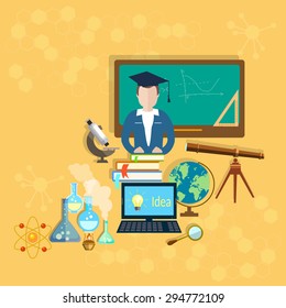 School and education teachers sciences students classroom university college lessons chemistry physics mathematics vector illustration  