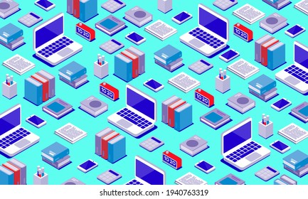 School, education and technology background with laptops and office supplies, 3D illustration