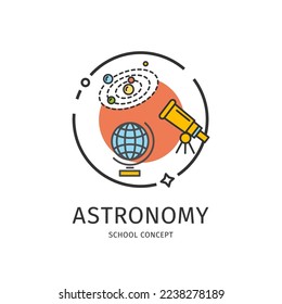 School Education Thin Line Icon Astronomy Concept Include of Galaxy, Telescope and Globe Sign. Vector illustration