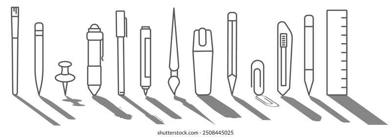 School education. Thin line school icons with shadow. School supplies icons. Waiting for school. EPS 10.
