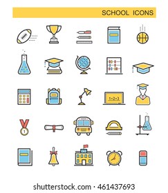 School and education thin line icons set with student, school building, book