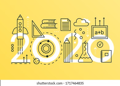 School education thin line vector illustration for website interface design, abstract flat 2020 word with study educational items, learn or research in science, getting school knowledge concept