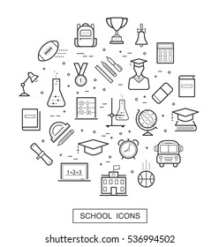 Iconos vectoriales de línea delgada de la escuela y la educación en forma circular