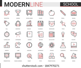 School education thin red black line icon vector illustration set with outline schooling ui mobile app collection of educational items for students and school subjects, editable stroke study symbols