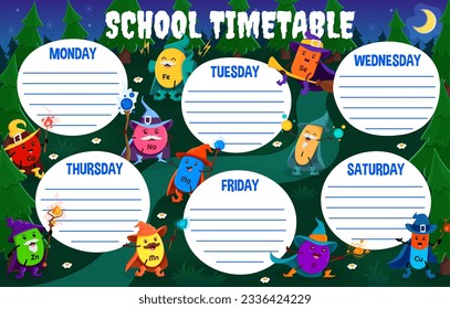 School education timetable. Cartoon mineral and micronutrient wizards and sorcerers in night Halloween forest. Vector weekly planner template with Ca, Zn, Mn, Mg, Na, Fe and Se. I, P or Cu capsules