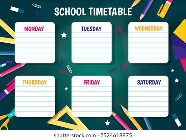 School education timetable. Lesson schedule. Time management and organization of effective educational process. Triangle ruler with colorful pencils. Flat vector illustration