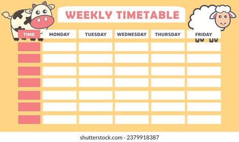 School Education Timetable. A weekly curriculum design template. Cow and sheep. Can be used for business designs, presentation