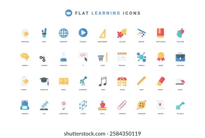 School education and training, online course, library books color icon set. Skill growth and knowledge of geography and astronomy, chemistry and physics, sport flat elements vector illustration