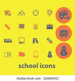 school, education, training, study icons, signs, illustrations set, vector