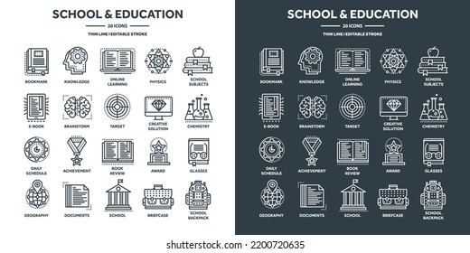 Educación escolar, estudios universitarios. Estudio, aprendizaje y proceso educativo. Clases en línea, e-learning con tutoriales de video. Adquisición de conocimientos. Iconos web de línea delgada configurados. Ilustración del vector