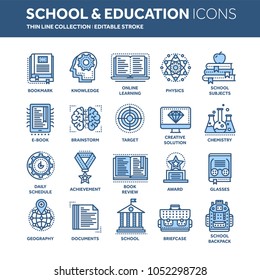 School education, university. Study, learning process. Oline lessons, tutorial. Student knowledge. History book.Thin line web icon set. Outline icons collection.Vector illustration.