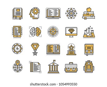 School education, university. Study, learning process. Oline lessons, tutorial. Student knowledge. History book.Thin line yellow web icon set. Outline icons collection.Vector illustration.