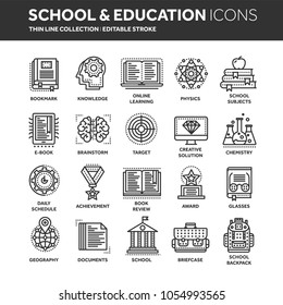 School education, university. Study, learning process. Oline lessons, tutorial. Student knowledge. History book.Thin line black web icon set. Outline icons collection.Vector illustration.