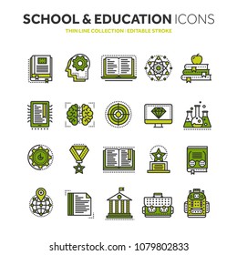 School education, university. Study, learning process. Oline lessons, tutorial. Student knowledge. History book.Thin line black web icon set. Outline icons collection.Vector illustration.
