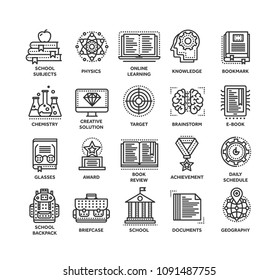 School education, university. Study, learning process. Oline lessons, tutorial. Student knowledge. History book.Thin line black web icon set. Outline icons collection.Vector illustration.