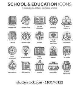 School education, university. Study, learning process. Oline lessons, tutorial. Student knowledge. History book.Thin line black web icon set. Outline icons collection.Circle element.