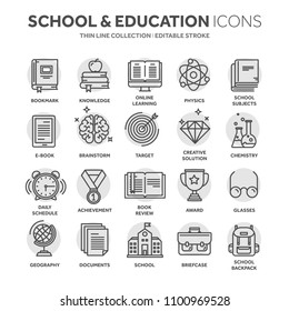 School education, university. Study, learning process. Oline lessons, tutorial. Student knowledge. History book.Thin line black web icon set. Outline icons collection.Circle element.