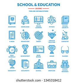School education, university. Study, learning process. Oline lessons, tutorial. Student knowledge. History book.Thin line web icon set. Outline icons collection.Vector illustration.